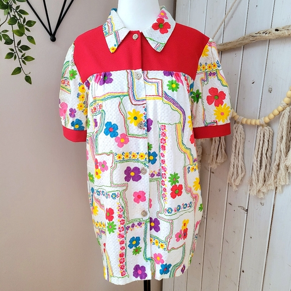 VINTAGE 70's FLORAL CANADIAN MADE BUTTON UP FLORAL SHORT SLEEVE, small - Picture 10 of 11